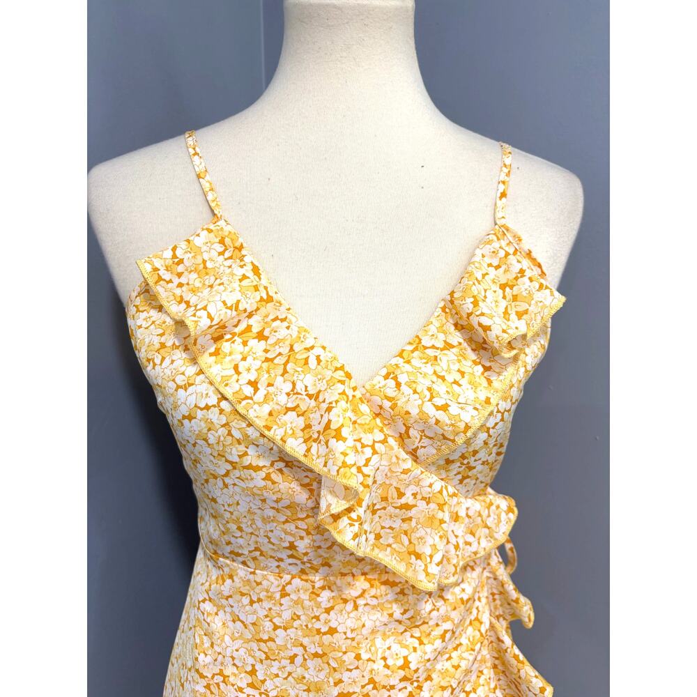 Yellow Floral Ruffle Faux Wrap Mini Dress Spring Summer Brunch Flowy, Size Small - Picture 2 of 9